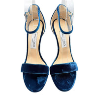 Front view of Jimmy Choo Misty 120 deep teal velvet evening sandals with wide toe straps, slim ankle straps and beige leather insoles.
