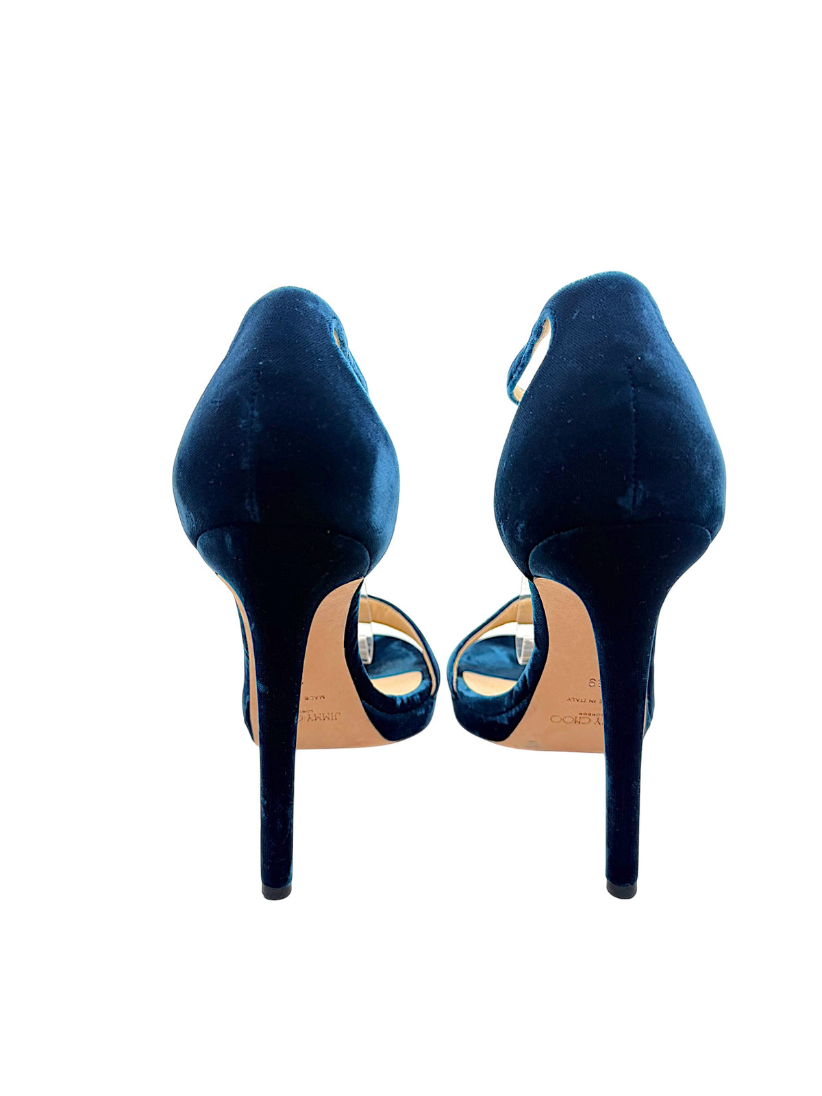 Rear view of Jimmy Choo Misty 120 teal velvet sandals featuring sculpted heel counters and slender velvet-covered stiletto heels.