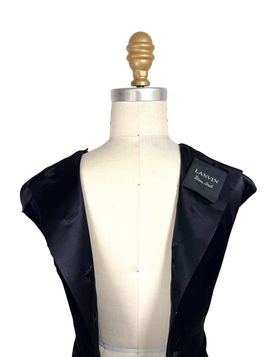 Interior label view of Lanvin Hiver 2005 black satin dress showing Lanvin Hiver 2005 designer label.