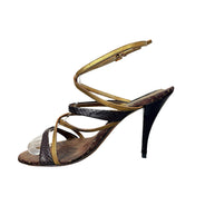 Opposite side view of Louis Vuitton vintage Monogram strappy sandal with metallic gold and dark brown straps