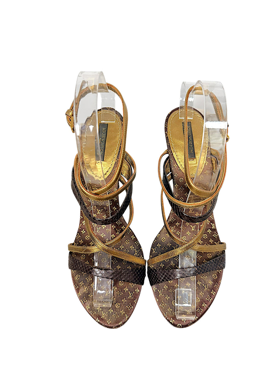 Top view of Louis Vuitton brown Monogram and metallic gold strappy sandals showing open-toe design and ankle straps
