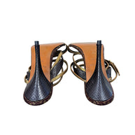 Underside and heel view of Louis Vuitton vintage Monogram sandals showing dark textured stiletto heels and leather soles