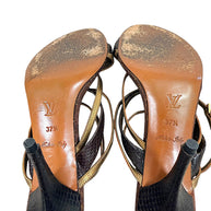 Louis Vuitton sandal leather soles showing LV stamp, size 37.5, Made in Italy markings and visible sole wear