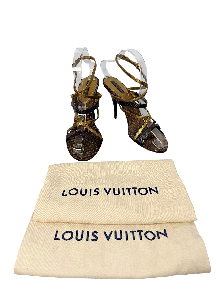 Louis Vuitton vintage brown Monogram and metallic gold strappy sandals size 37.5 with two Louis Vuitton dust bags