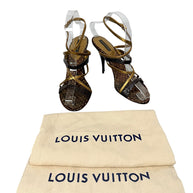 Louis Vuitton vintage brown Monogram and metallic gold strappy sandals size 37.5 with two Louis Vuitton dust bags