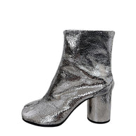 Maison Margiela cracked metallic silver leather Tabi ankle boot size 38 profile view with signature split toe and covered block heel