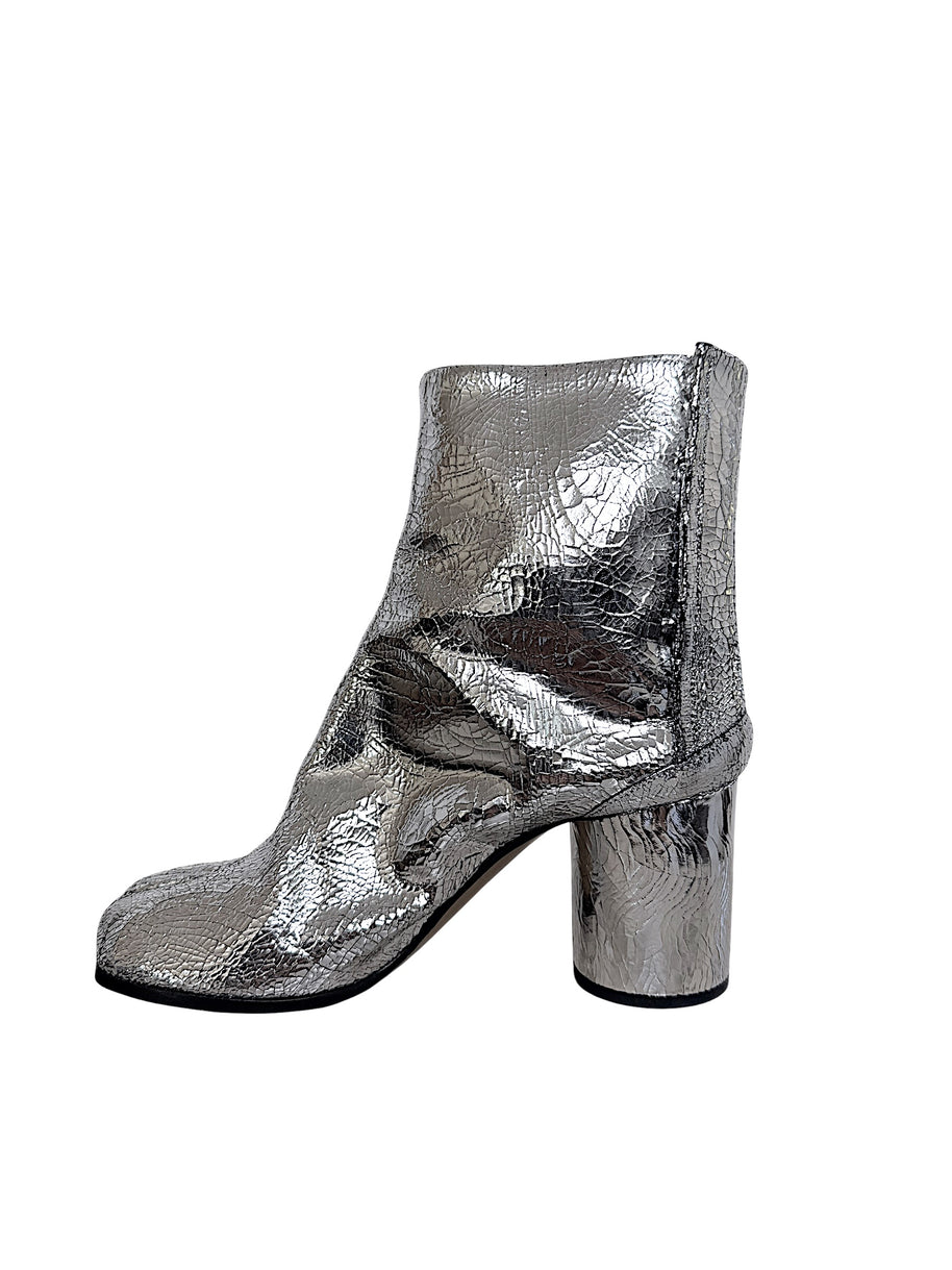 Maison Margiela metallic silver Tabi ankle boot size 38 opposite side view showing cracked leather finish and block heel