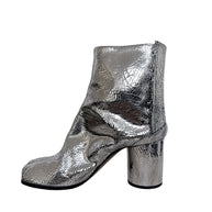 Maison Margiela metallic silver Tabi ankle boot size 38 opposite side view showing cracked leather finish and block heel