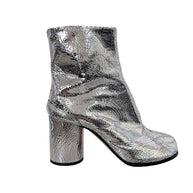 Maison Margiela silver cracked metallic leather Tabi ankle boot size 38 side profile showing split toe and cylindrical block heel