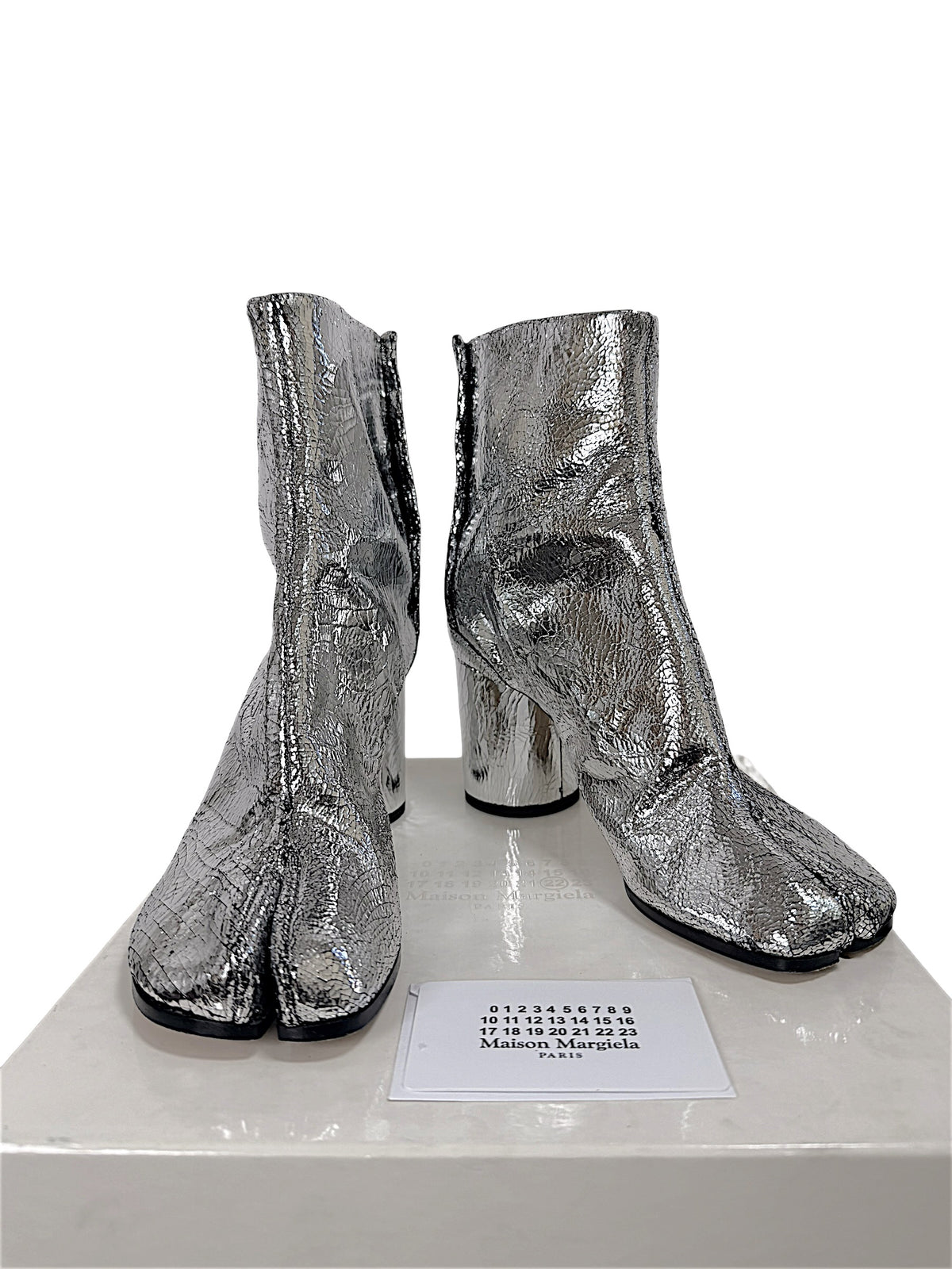 Maison Margiela silver cracked metallic leather Tabi ankle boots size 38 front view with original box and care booklet