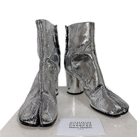 Maison Margiela silver cracked metallic leather Tabi ankle boots size 38 front view with original box and care booklet