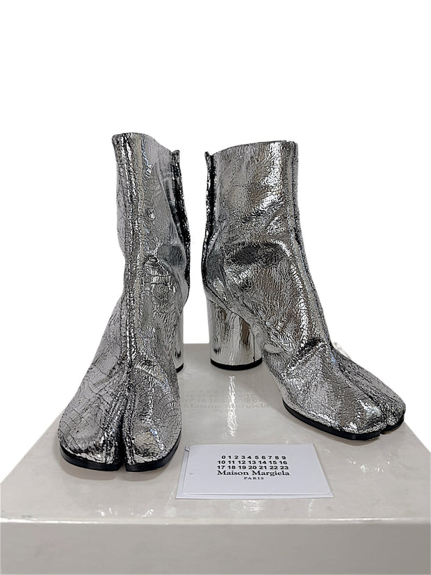 Maison Margiela silver cracked metallic leather Tabi ankle boots size 38 front view with original box and care booklet