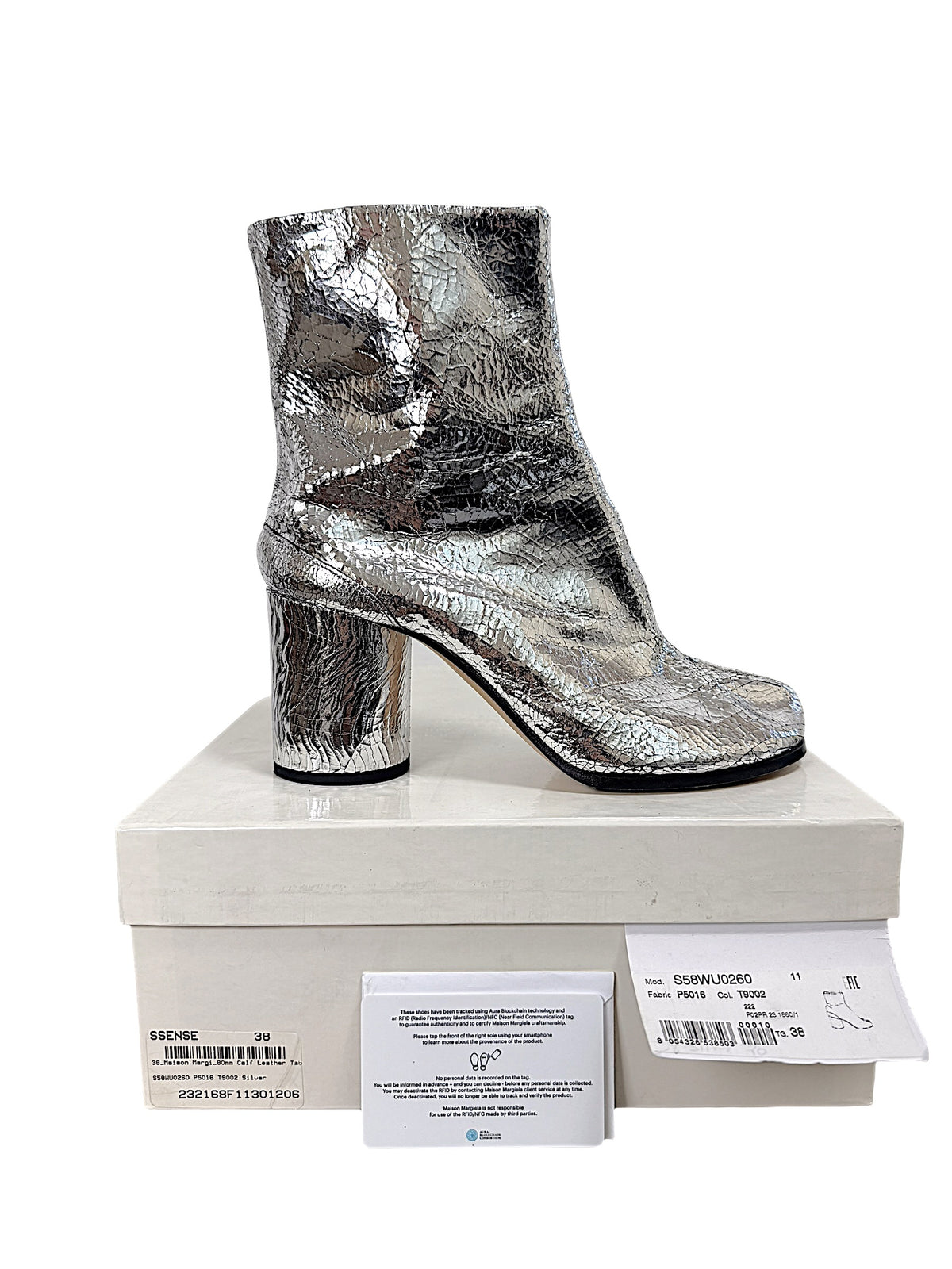 Maison Margiela silver cracked metallic Tabi ankle boot size 38 side profile with original box, care booklet and retail tags