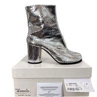 Maison Margiela silver cracked metallic Tabi ankle boot size 38 side profile with original box, care booklet and retail tags