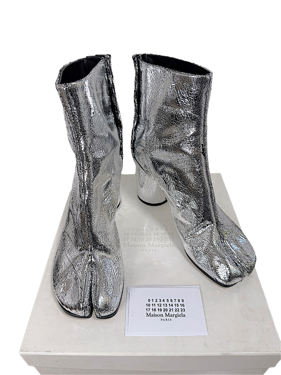 Maison Margiela Tabi ankle boots in cracked metallic silver leather size 38 shown as a pair with original box