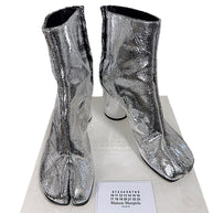 Maison Margiela Tabi ankle boots in cracked metallic silver leather size 38 shown as a pair with original box