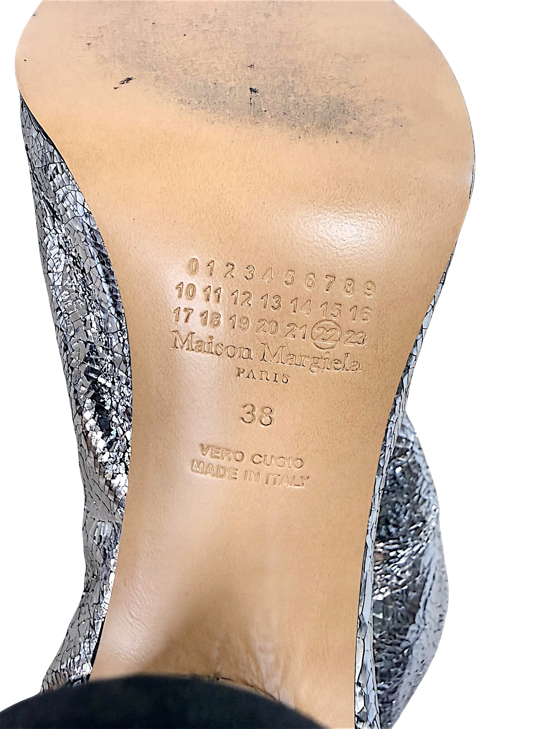 Close-up of Maison Margiela Tabi boot leather sole stamped size 38, Maison Margiela Paris, vero cuoio and Made in Italy