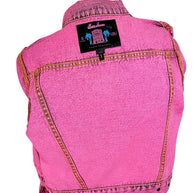 Interior view of Marc Jacobs Paradise pink denim jacket showing black designer label with tropical palm tree graphics and size Medium tag.