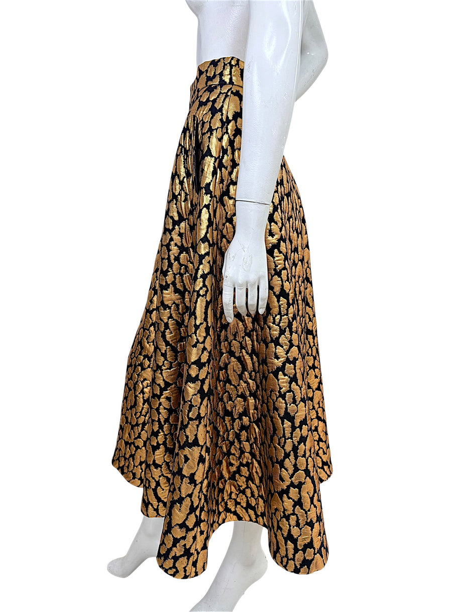 Martin Grant gold animal pattern jacquard silk blend skirt FR 38 side profile showing full silhouette
