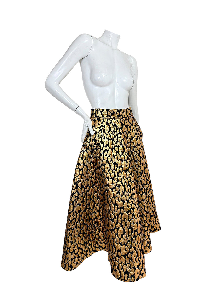 Martin Grant gold and black animal jacquard silk blend full midi skirt FR 38 angled view