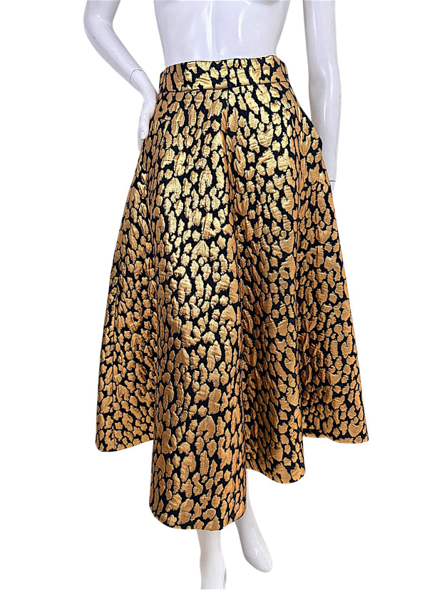 Martin Grant Paris metallic gold and black leopard jacquard silk full skirt FR 38 front view