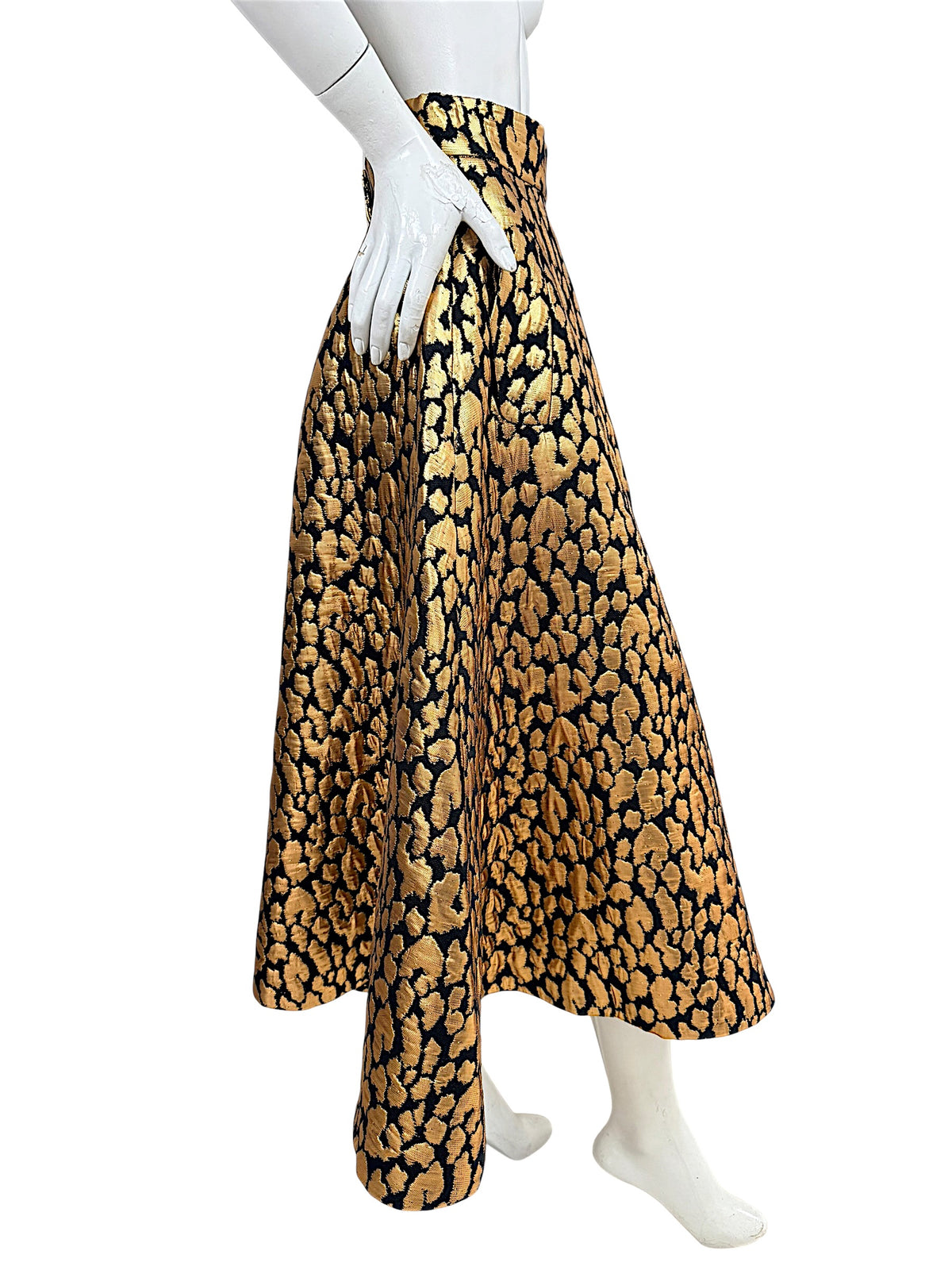 Side view of Martin Grant Paris gold leopard jacquard silk full skirt size FR 38