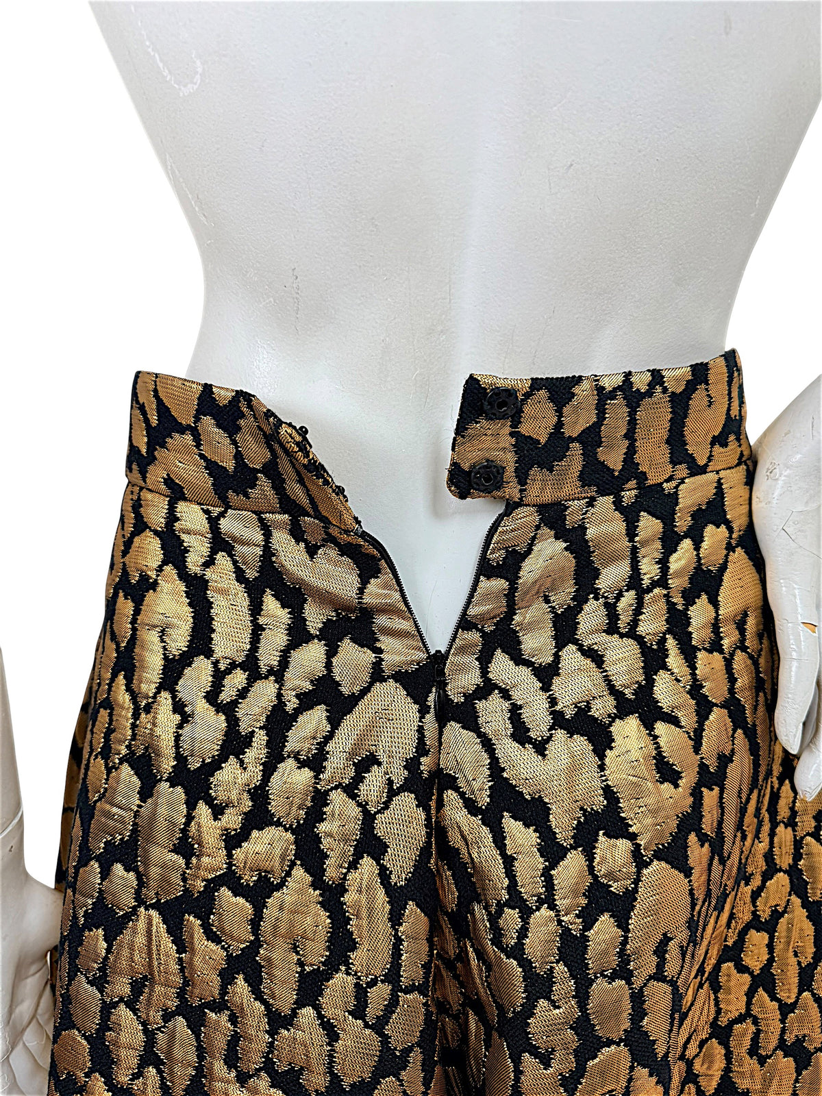 Martin Grant metallic leopard jacquard skirt detail with concealed back zipper and hook-and-eye waistband