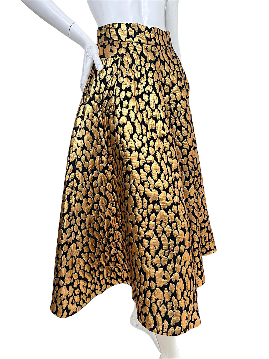 Martin Grant metallic gold leopard jacquard skirt showing high waist and voluminous A-line silhouette
