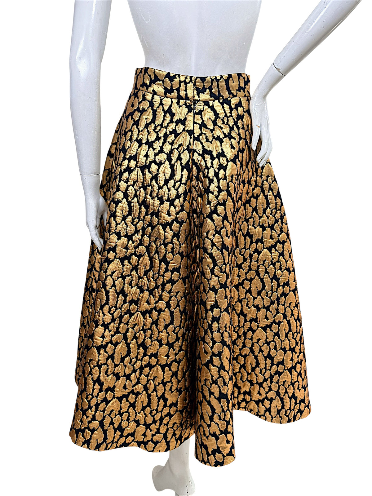 Back view of Martin Grant metallic gold and black jacquard full skirt FR 38 with fitted waistband