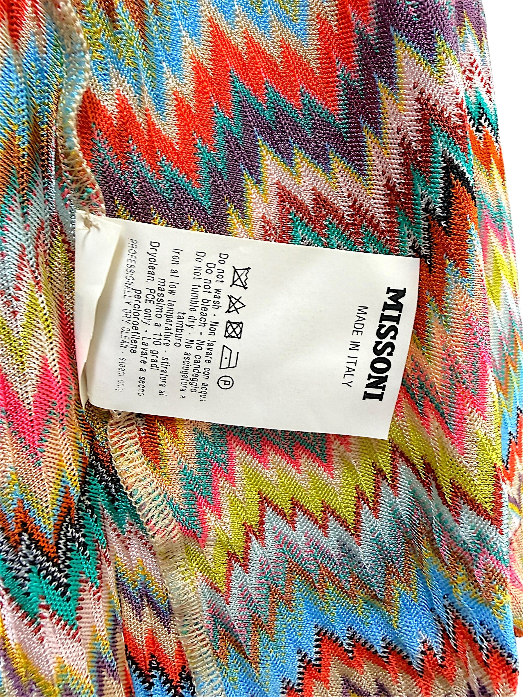 Missoni Made in Italy interior care label on multicolor viscose zigzag knit garment.