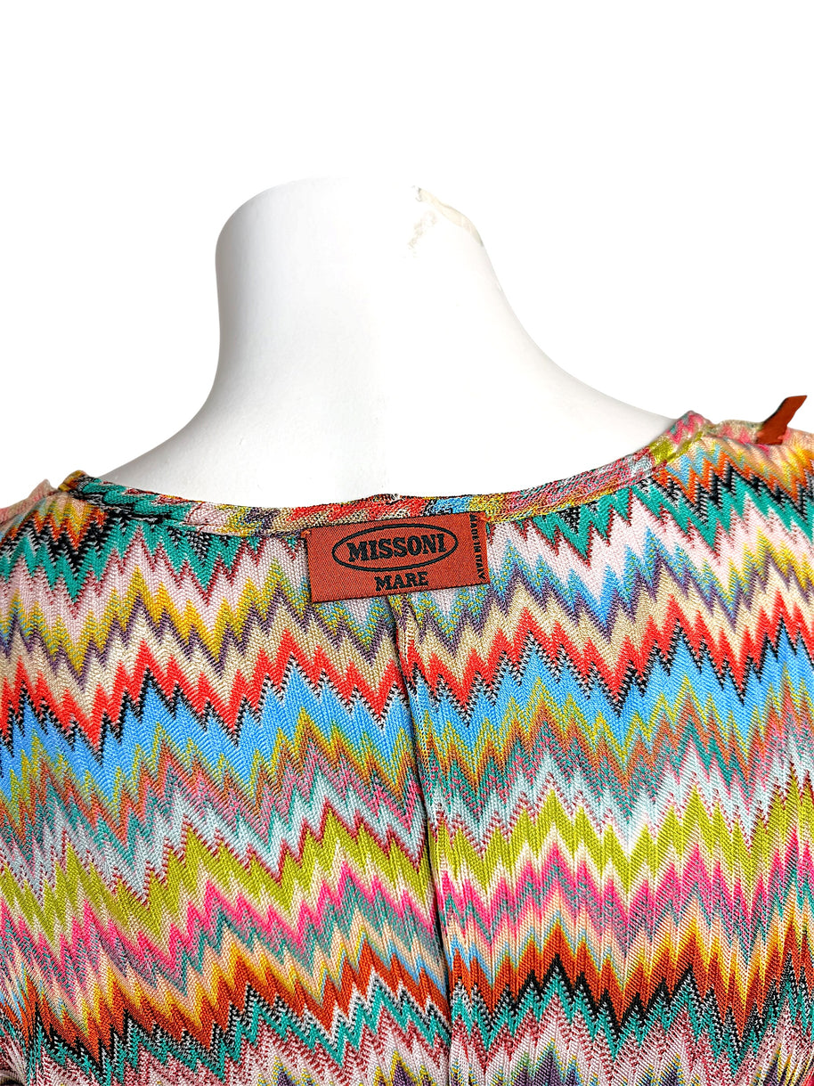 Close-up of authentic Missoni Mare label on multicolor zigzag knit Italian-made resortwear cover-up.