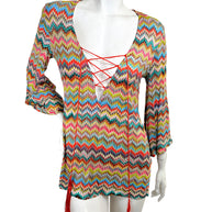 Missoni Mare multicolor zigzag knit lace-up cover-up tunic dress front view with plunging neckline and red tasseled ties.