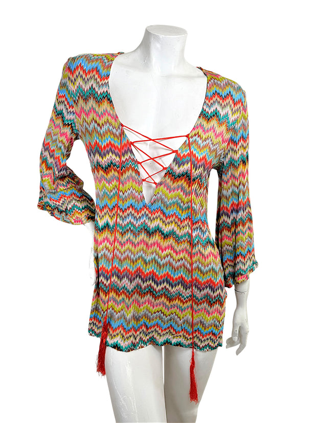 Missoni Mare multicolor zigzag knit lace-up cover-up tunic dress front view with plunging neckline and red tasseled ties.