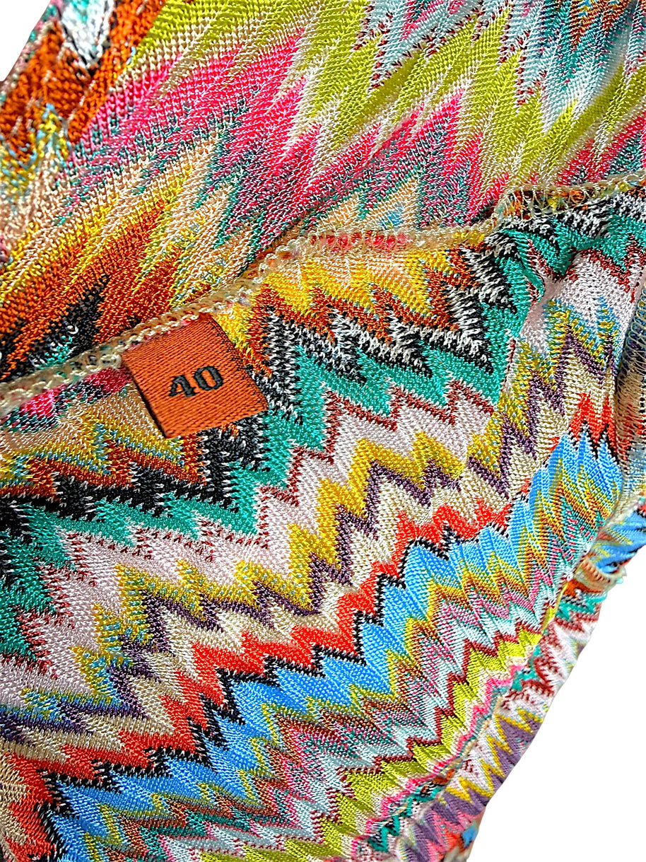 Detail image of Missoni Mare size 40 tag attached to signature multicolor chevron knit fabric.