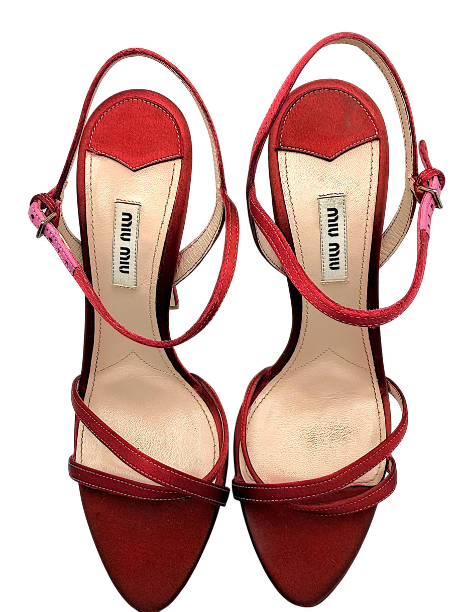 Top view of Miu Miu burgundy satin platform stiletto sandals in EU size 39, featuring branded blush leather insoles, delicate crossover toe straps and adjustable ankle buckles.