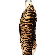 Opposite side profile of Moschino Cheap and Chic tiger-print velvet jacket highlighting the fitted silhouette and sleeve buttons.