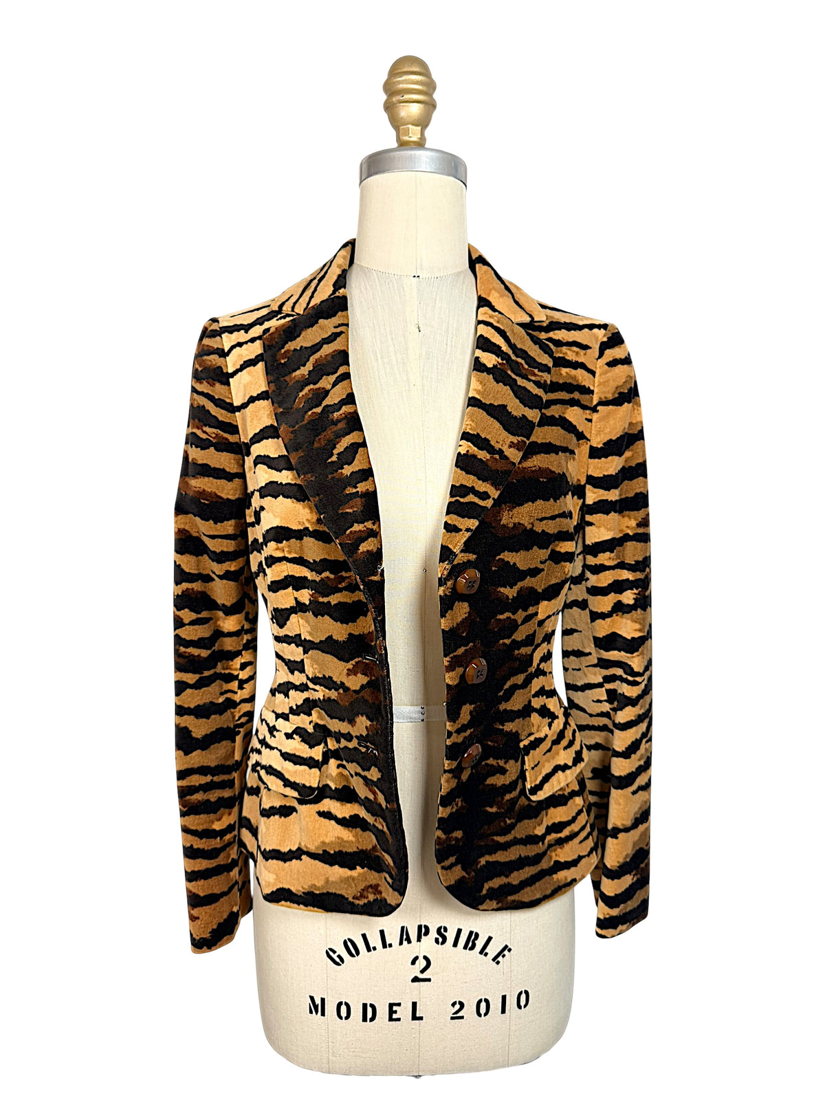Moschino Cheap and Chic tiger-print velvet blazer in caramel, brown and black, front view worn open on a dress form.