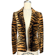 Moschino Cheap and Chic tiger-print velvet blazer in caramel, brown and black, front view worn open on a dress form.