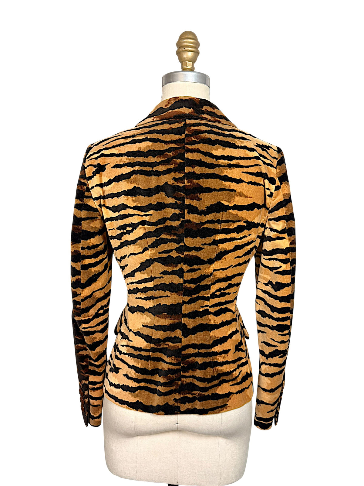 Full back view of Moschino Cheap and Chic tiger-print velvet blazer showing contoured seams and fitted Italian tailoring.