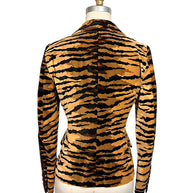 Full back view of Moschino Cheap and Chic tiger-print velvet blazer showing contoured seams and fitted Italian tailoring.
