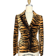 Front view of Moschino Cheap and Chic tiger-striped velvet blazer with fitted waist, notched lapels and three-button closure.