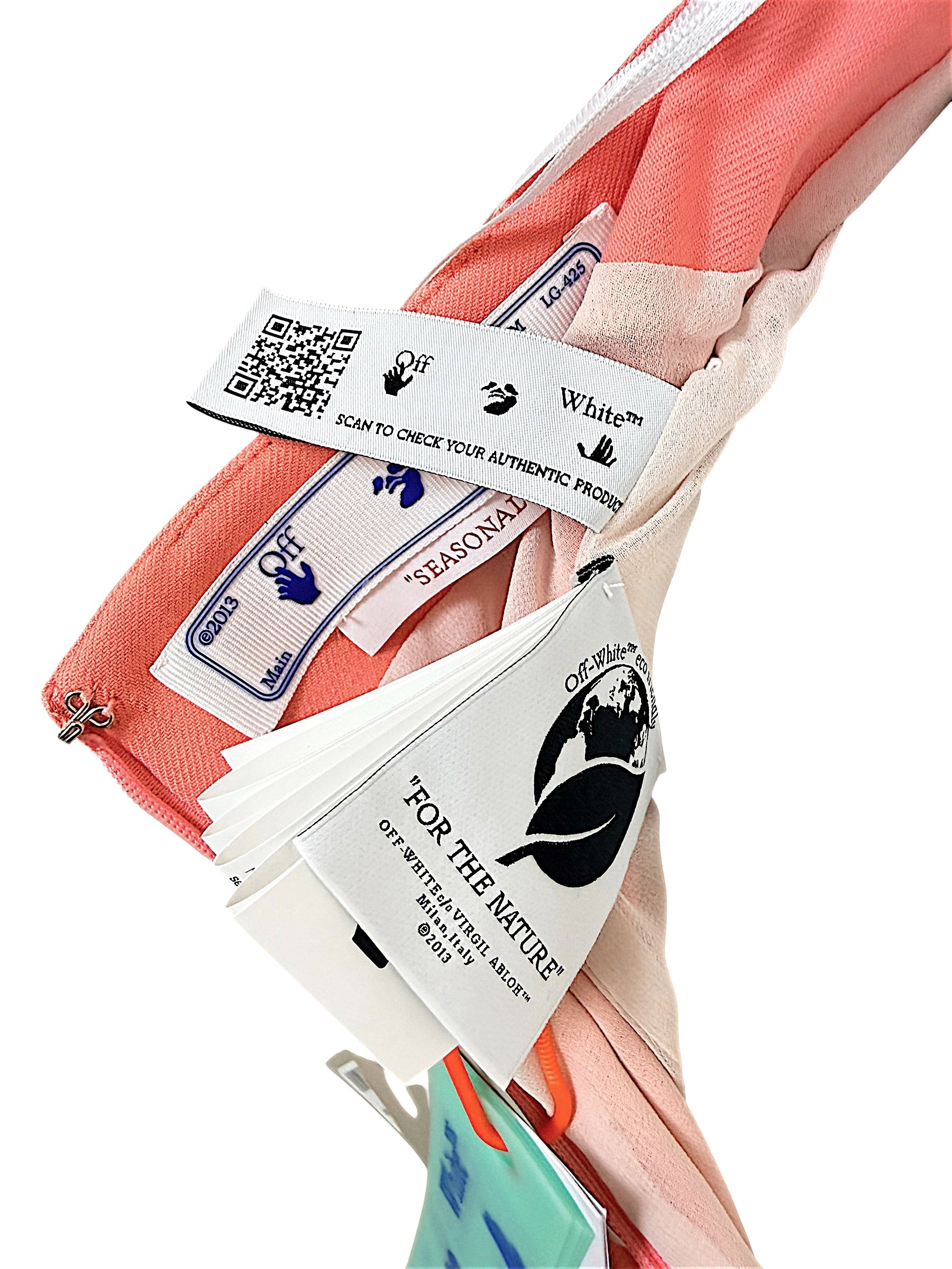 Off-White coral dress authenticity QR label and For The Nature garment tags