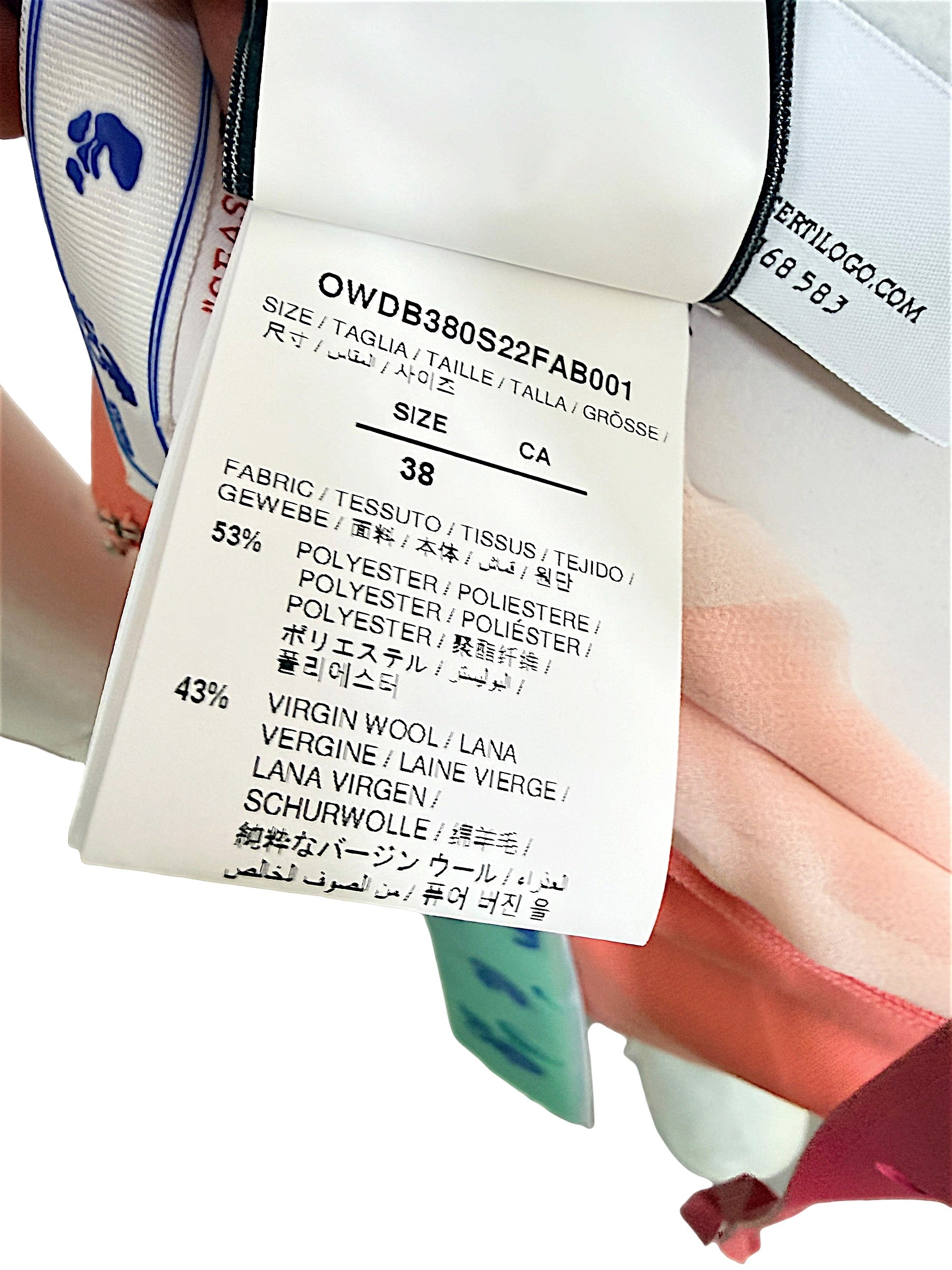 Off-White Spring Summer 2022 dress composition label showing IT size 38 and fabric details