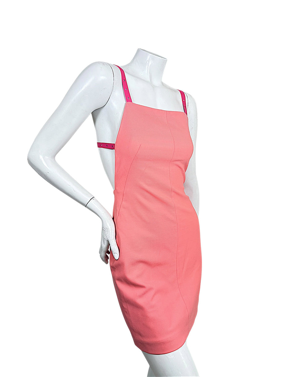 Off-White SS22 coral fitted mini dress with pink leather straps three-quarter front view
