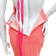 Off-White Spring Summer 2022 coral mini dress back zipper detail with fuchsia leather harness straps and designer label