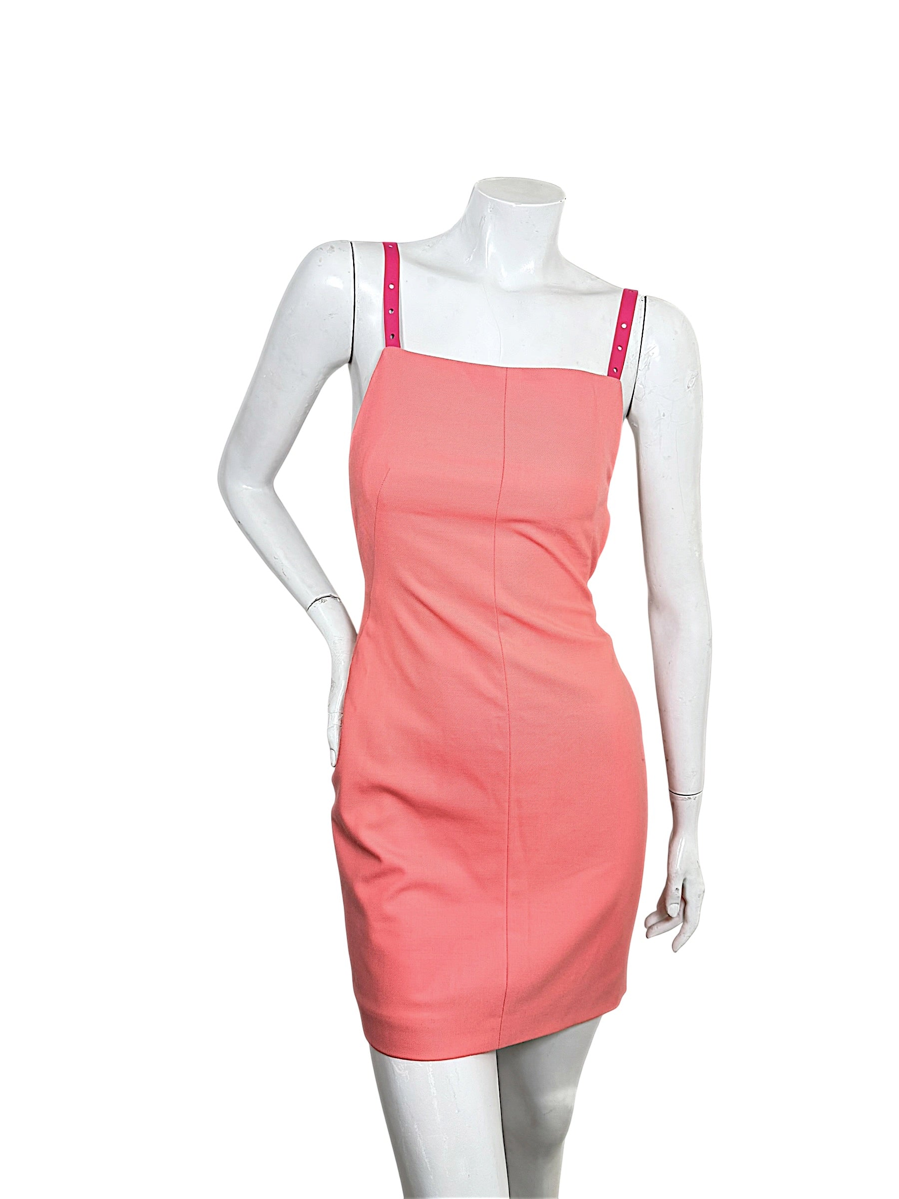 Off-White Spring Summer 2022 coral mini dress with fuchsia leather harness straps front view