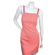 Off-White Spring Summer 2022 coral mini dress with fuchsia leather harness straps front view