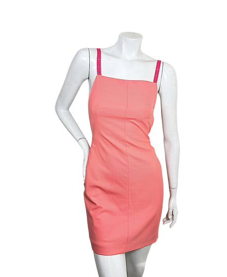 Off-White Spring Summer 2022 coral mini dress with fuchsia leather harness straps front view