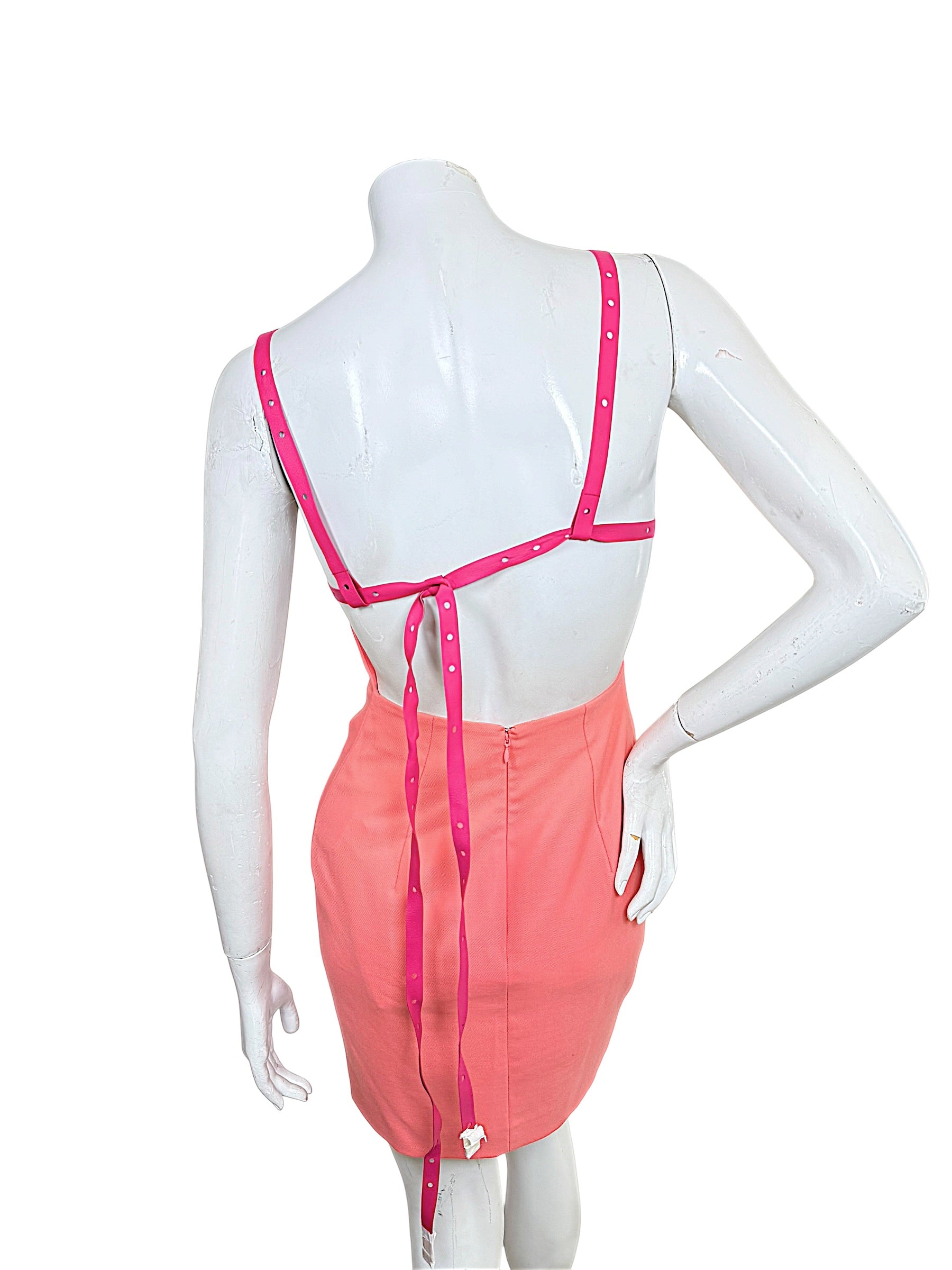 Off-White Spring 2022 coral mini dress open back with adjustable fuchsia leather harness ties