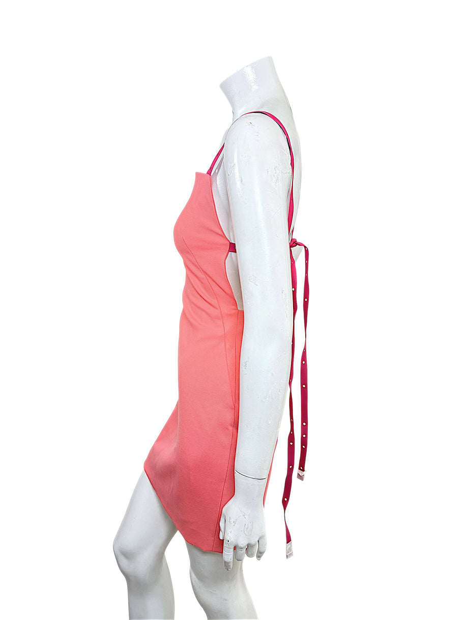 Off-White SS22 coral mini dress side profile showing open back and long pink leather straps
